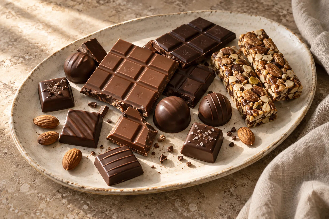 Handcrafted chocolates, chocolate bars, and nut-based power bars arranged on an ivory platter