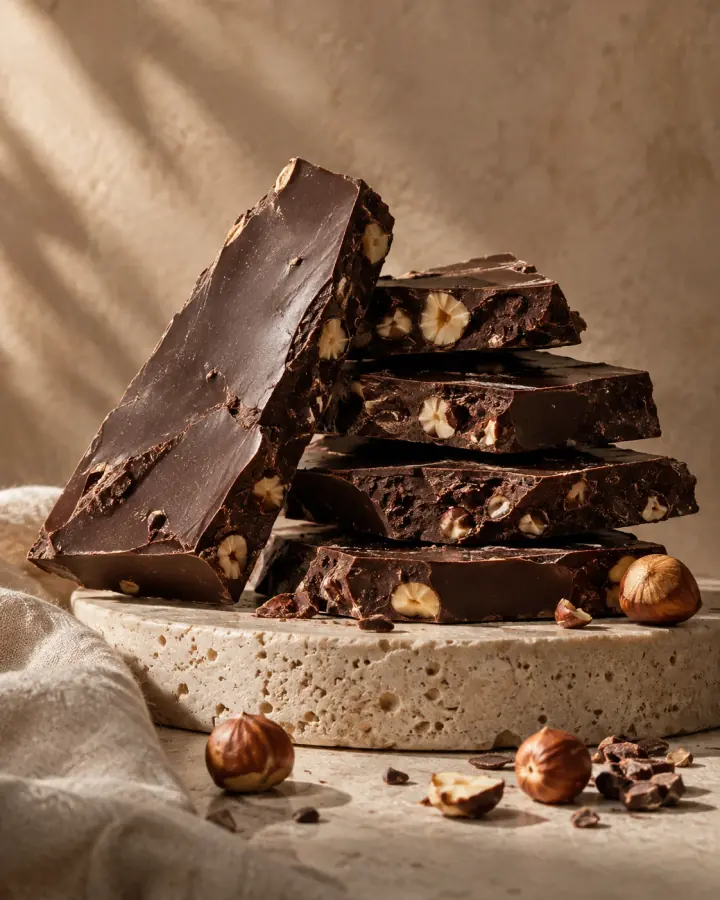 Rich dark chocolate with hazelnuts, stacked on warm natural stone