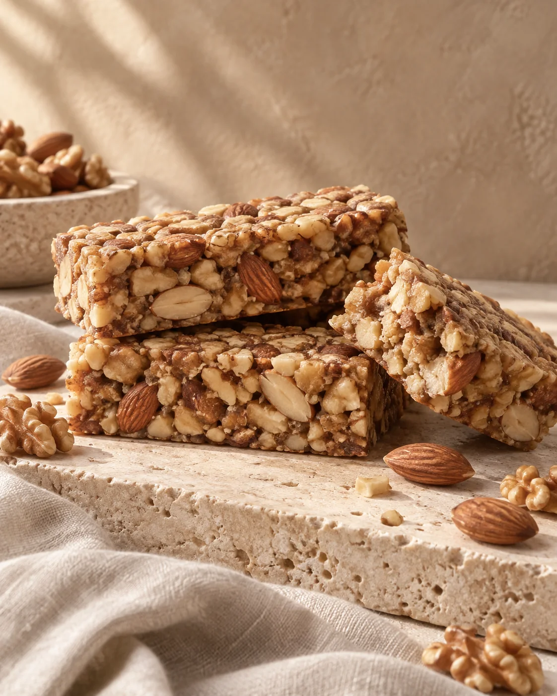 Nut-based power bars with a chunky, nut-rich texture on a cream stone platter