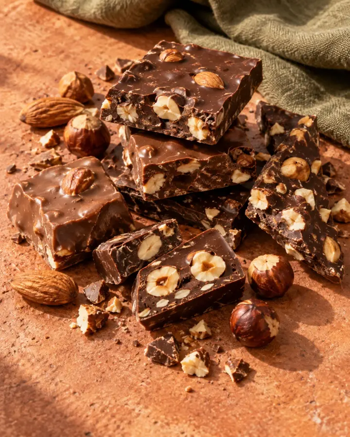 Loose handcrafted chocolate pieces with nuts on sunlit terracotta and olive linen